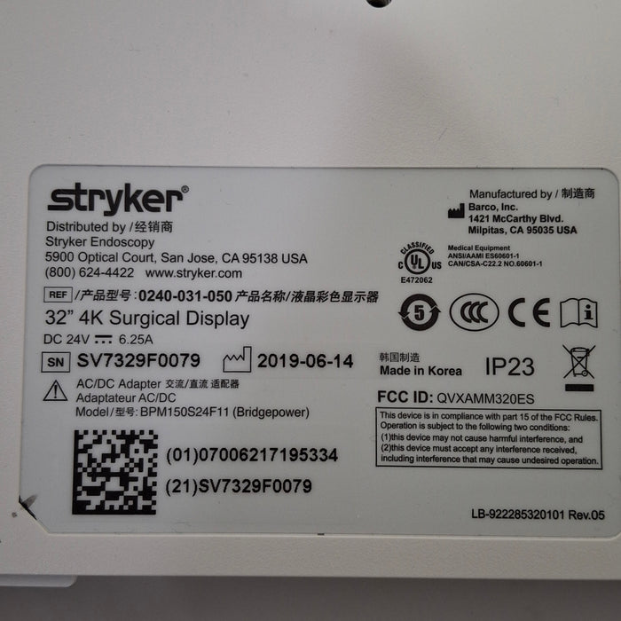 Stryker Stryker 32" 4K Surgical Display Monitor Rigid Endoscopy reLink Medical