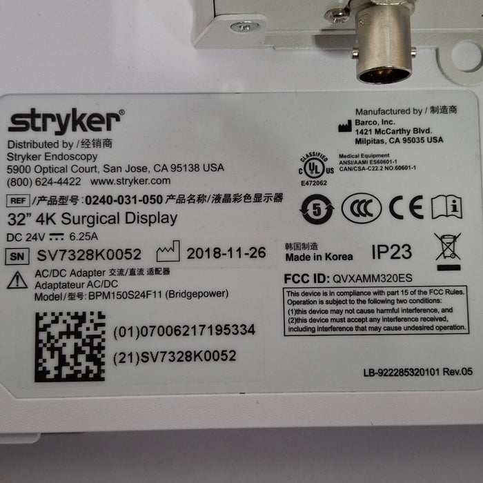 Stryker Stryker 32" 4K Surgical Display Monitor Rigid Endoscopy reLink Medical
