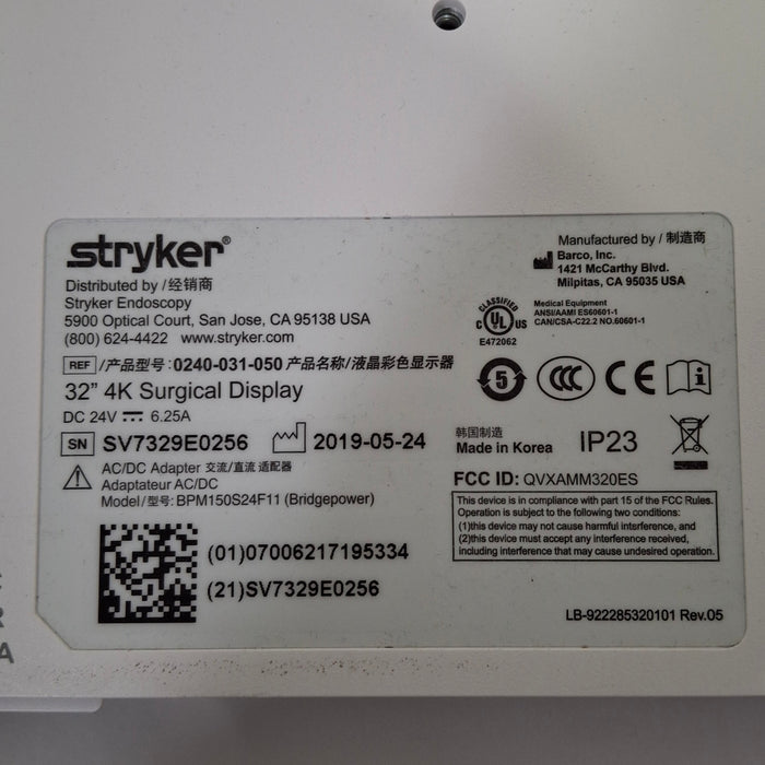 Stryker Stryker 32" 4K Surgical Display Monitor Rigid Endoscopy reLink Medical