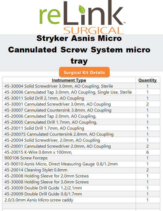 Stryker Stryker Asnis Cannulated Screw System Micro Tray Surgical Sets reLink Medical