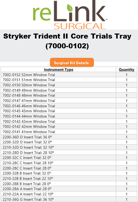 Stryker 7000-0102 Trident II Core Trials Tray
