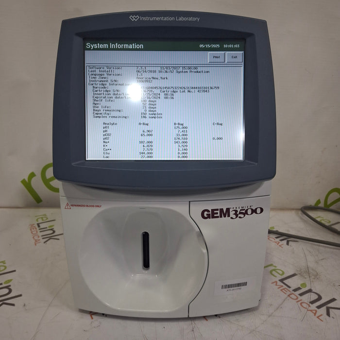 Instrumentation Laboratory Company Instrumentation Laboratory Company GEM Premier 3500 Blood Gas Analyzer Clinical Lab reLink Medical