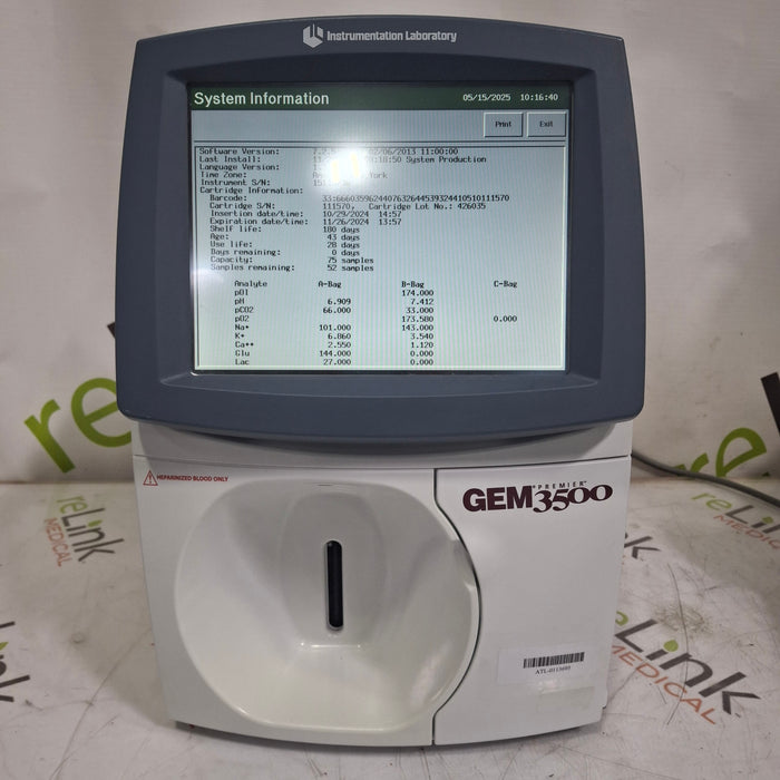 Instrumentation Laboratory Company Instrumentation Laboratory Company GEM Premier 3500 Blood Gas Analyzer Clinical Lab reLink Medical