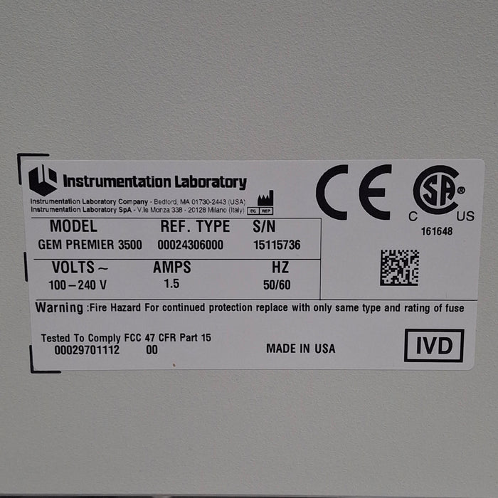 Instrumentation Laboratory Company Instrumentation Laboratory Company GEM Premier 3500 Blood Gas Analyzer Clinical Lab reLink Medical