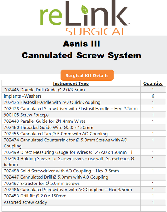 Stryker Stryker ASNIS III Cannulated Screw System Surgical Instruments reLink Medical