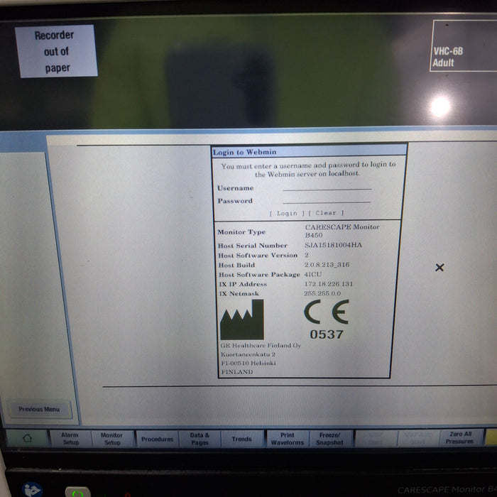 GE Healthcare Carescape B450 Critical Care Patient Monitor