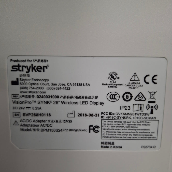 Stryker Stryker VisionPro SYNK 26 Wireless LED Display Rigid Endoscopy reLink Medical