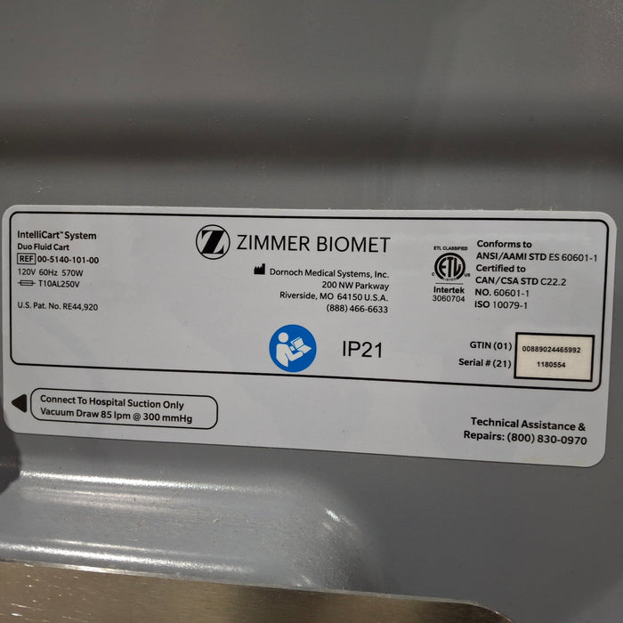 Zimmer Zimmer Biomet Intellicart System Duo Fluid Cart Surgical Equipment reLink Medical