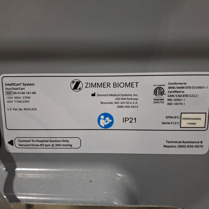 Zimmer Zimmer Biomet Intellicart System Duo Fluid Cart Surgical Equipment reLink Medical