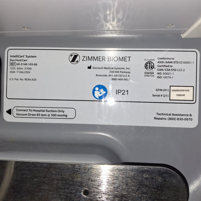 Zimmer Zimmer Biomet Intellicart System Duo Fluid Cart Surgical Equipment reLink Medical