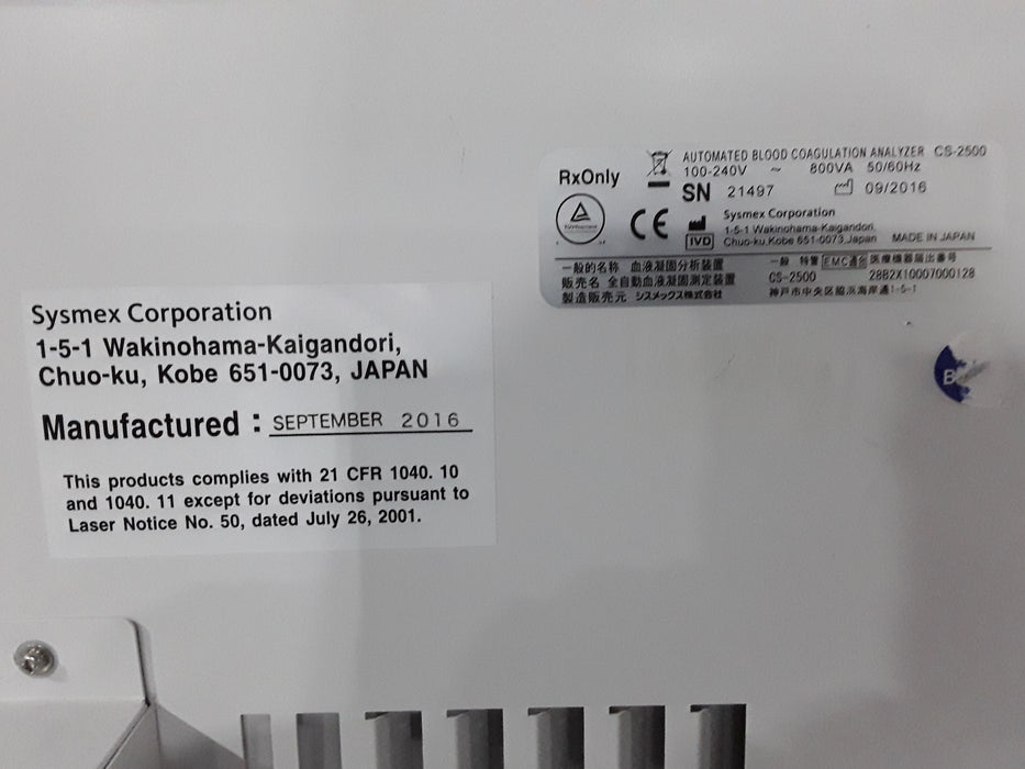 Sysmex CS-2500 Automated Blood Coagulation Analyzer