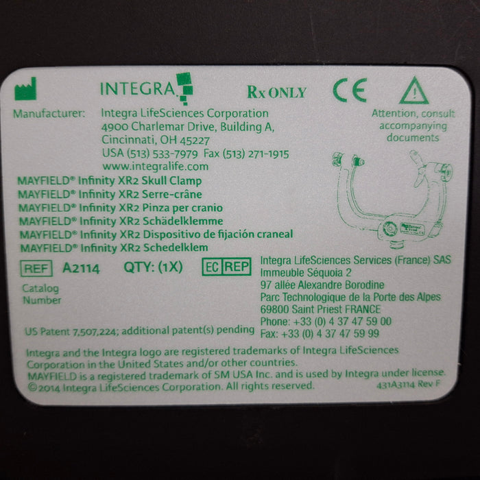 Integra Lifesciences A2114 MAYFIELD Infinity XR2 Skull Clamp