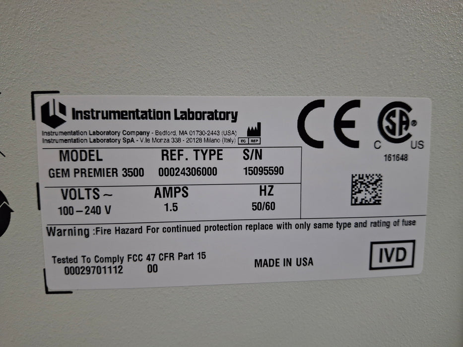 Instrumentation Laboratory Company Instrumentation Laboratory Company GEM Premier 3500 Blood Gas Analyzer Clinical Lab reLink Medical