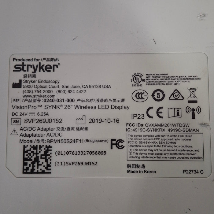 Stryker Stryker VisionPro SYNK 26 Wireless LED Display Rigid Endoscopy reLink Medical