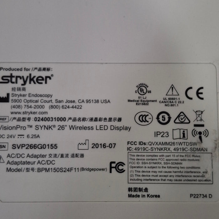 Stryker Stryker VisionPro SYNK 26 Wireless LED Display Rigid Endoscopy reLink Medical
