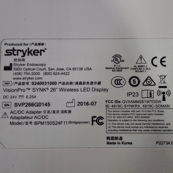 Stryker Stryker VisionPro SYNK 26 Wireless LED Display Rigid Endoscopy reLink Medical