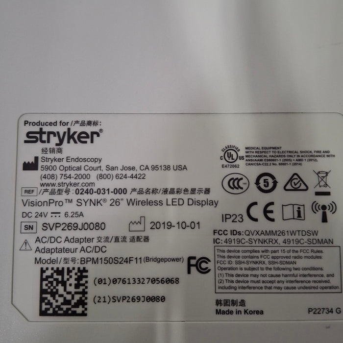 Stryker Stryker VisionPro SYNK 26 Wireless LED Display Rigid Endoscopy reLink Medical
