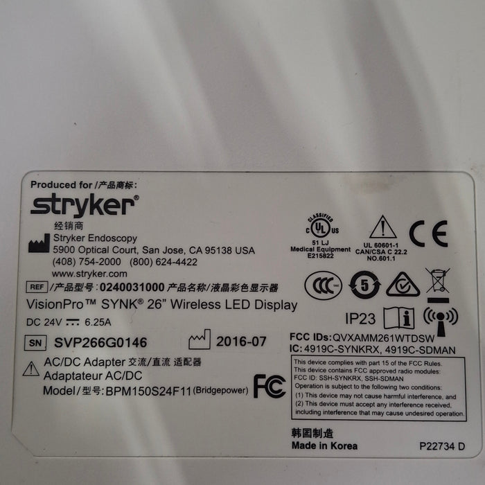 Stryker Stryker VisionPro SYNK 26 Wireless LED Display Rigid Endoscopy reLink Medical