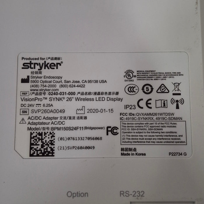 Stryker Stryker VisionPro SYNK 26 Wireless LED Display Rigid Endoscopy reLink Medical
