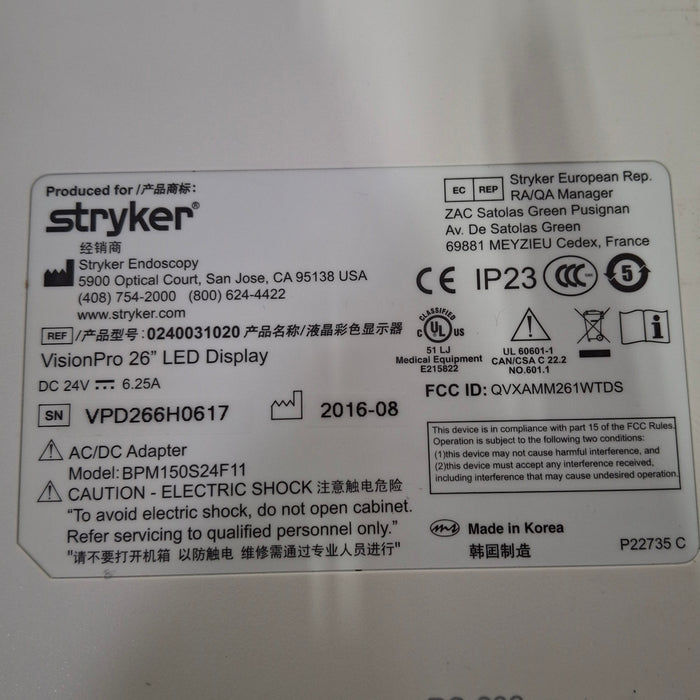 Stryker Stryker 26" Vision Elect HD Flat Panel Monitor Rigid Endoscopy reLink Medical