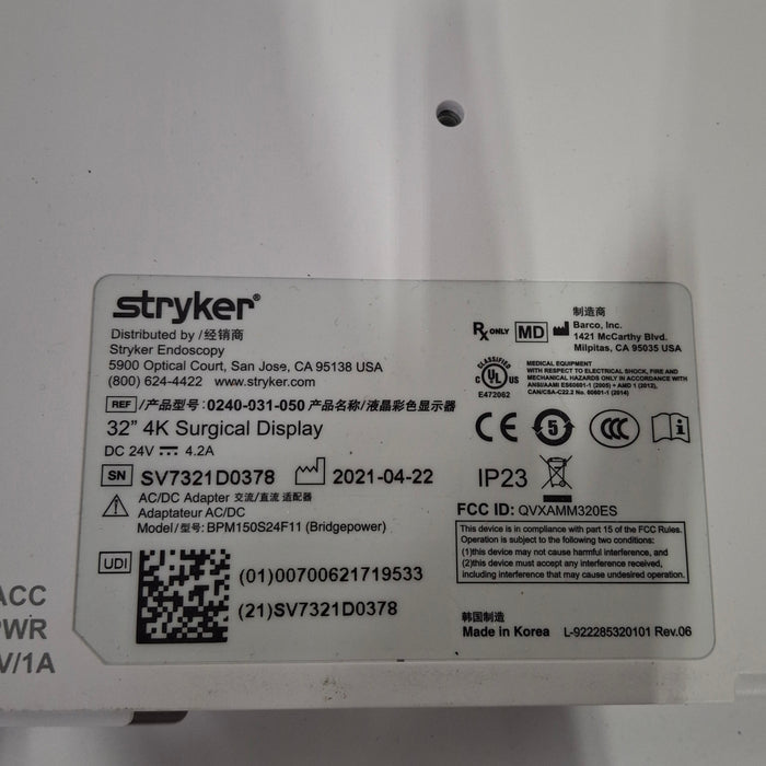 Stryker Stryker 32" 4K Surgical Display Monitor Rigid Endoscopy reLink Medical