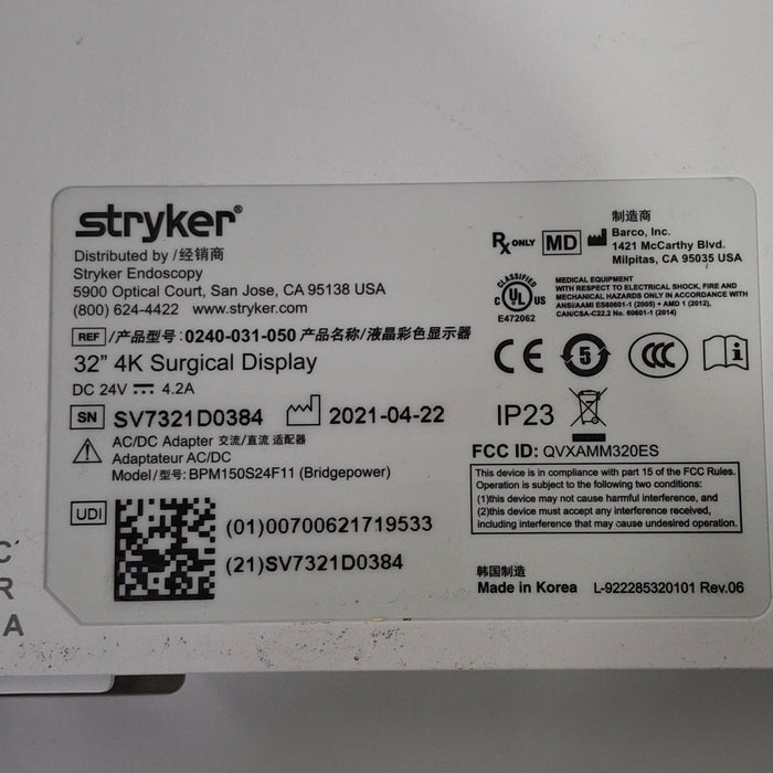 Stryker Stryker 32" 4K Surgical Display Monitor Rigid Endoscopy reLink Medical