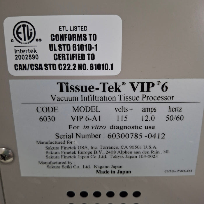 SAKURA SAKURA Tissue-Tek VIP 6-A1 Vacuum Infiltration Tissue Processor Histology and Pathology reLink Medical