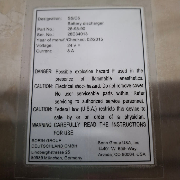Sorin Group USA, Inc. Sorin Group USA, Inc. S5/C5 Battery Discharger Perfusion reLink Medical