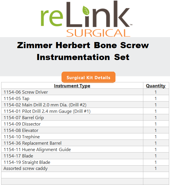 Zimmer Zimmer Herbert Bone Screw Instrumentation and Screw Set Surgical Sets reLink Medical