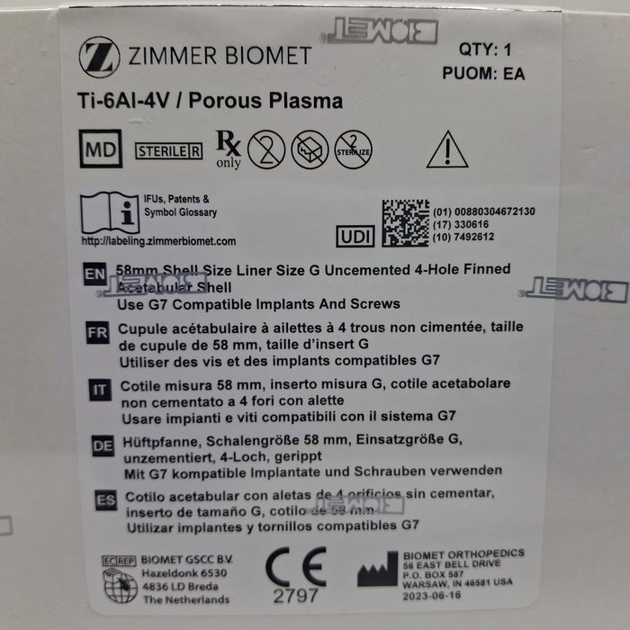 Biomet, Inc. 110017106 G7 Finned Acetabular Shell, 58mm
