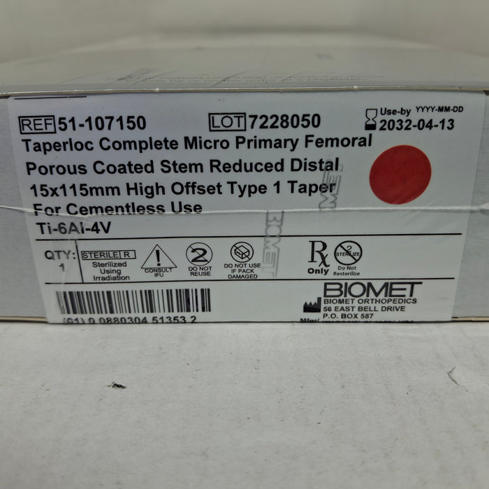 Biomet, Inc. 51-107150 Taperloc Complete Micro Primary Femoral, 15x115mm