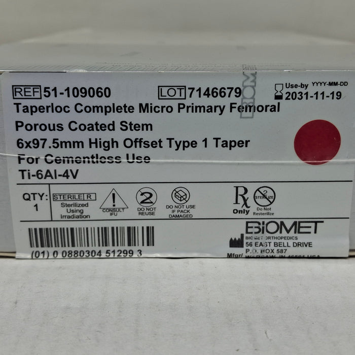 Biomet, Inc. 51-109060 Taperloc Complete Micro Primary Femoral, 6x97.5mm