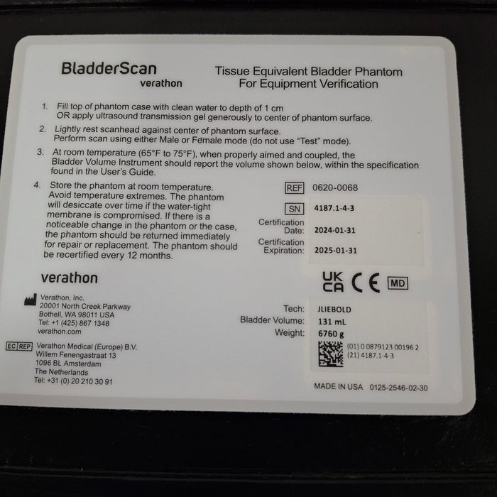 Verathon Medical, Inc Verathon Medical, Inc Bladderscan 0620-0068 Bladder Phantom X-Ray Equipment reLink Medical