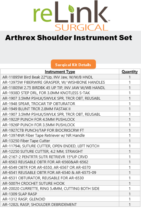 Arthrex Arthrex AR-8402C Shoulder Instrument Set Surgical Sets reLink Medical