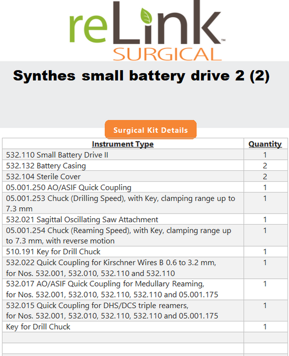Synthes, Inc. Synthes, Inc. 532.110 Small Battery Drive II Surgical Power Instruments reLink Medical