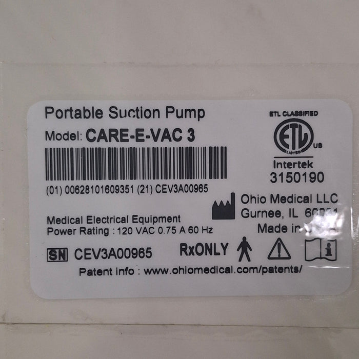 Ohio Medical Corporation Ohio Medical Corporation Care-E-Vac 3 Portable Suction System Surgical Equipment reLink Medical