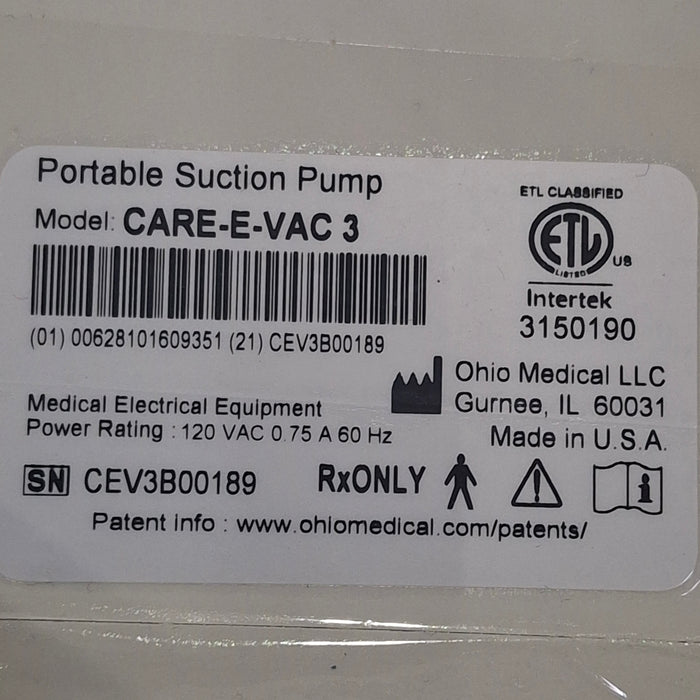 Ohio Medical Corporation Ohio Medical Corporation Care-E-Vac 3 Portable Suction System Surgical Equipment reLink Medical