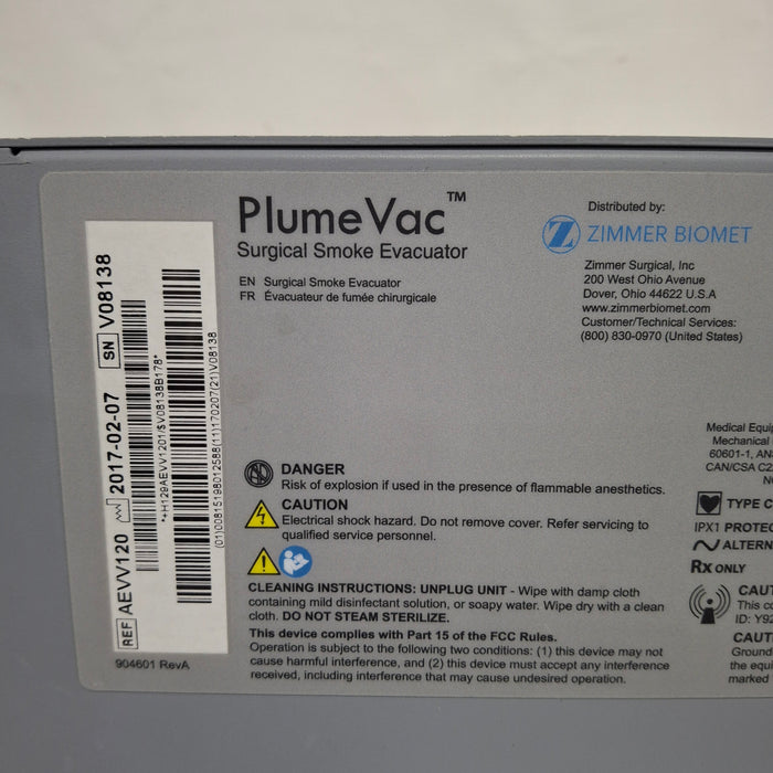 Zimmer PlumeVac AEVV120 Surgical Smoke Evacuator