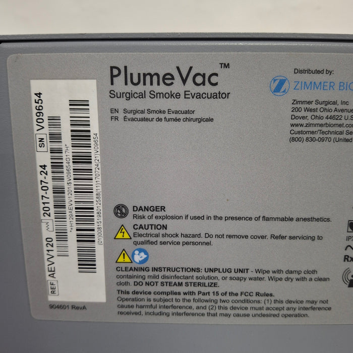 Zimmer Zimmer PlumeVac AEVV120 Surgical Smoke Evacuator Surgical Equipment reLink Medical