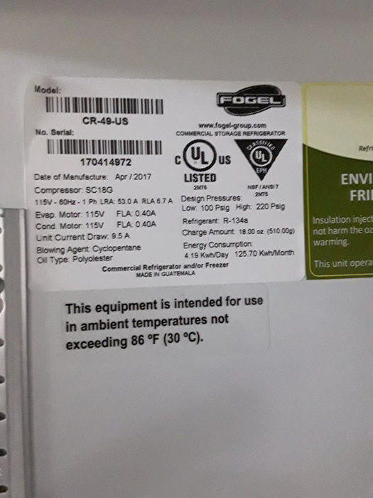 Fogel Fogel CR-49-US Refrigerator Industrial Equipment reLink Medical