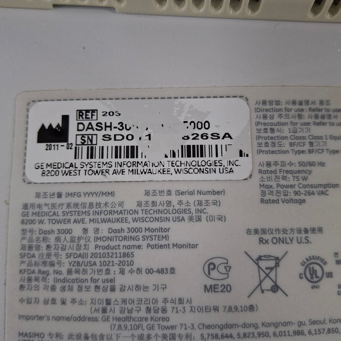 GE Healthcare Dash 3000 - GE/Nellcor SpO2 Patient Monitor