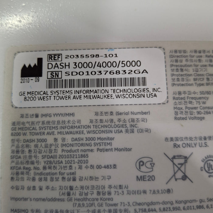 GE Healthcare Dash 3000 - GE/Nellcor SpO2 Patient Monitor