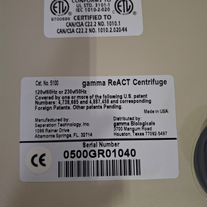 Gamma Biologicals Gamma ReACT Centrifuge