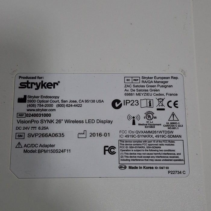 Stryker Stryker VisionPro SYNK 26 Wireless LED Display Rigid Endoscopy reLink Medical