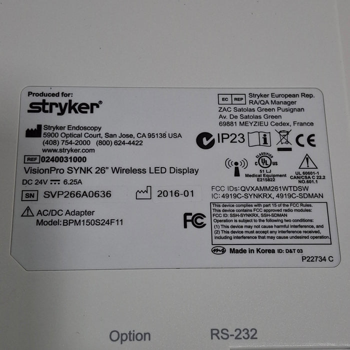 Stryker Stryker VisionPro SYNK 26 Wireless LED Display Rigid Endoscopy reLink Medical