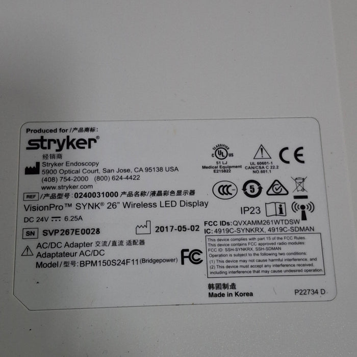 Stryker Stryker VisionPro SYNK 26 Wireless LED Display Rigid Endoscopy reLink Medical