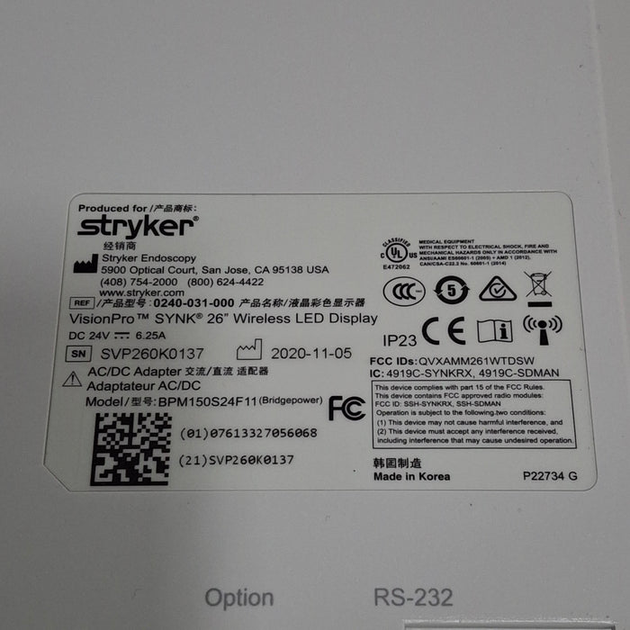 Stryker Stryker VisionPro SYNK 26 Wireless LED Display Rigid Endoscopy reLink Medical