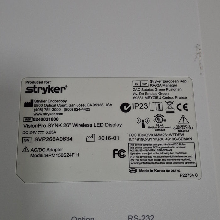Stryker Stryker VisionPro SYNK 26 Wireless LED Display Rigid Endoscopy reLink Medical
