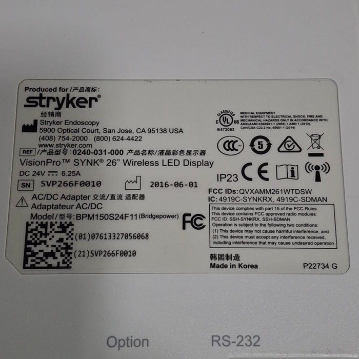 Stryker Stryker VisionPro SYNK 26 Wireless LED Display Rigid Endoscopy reLink Medical