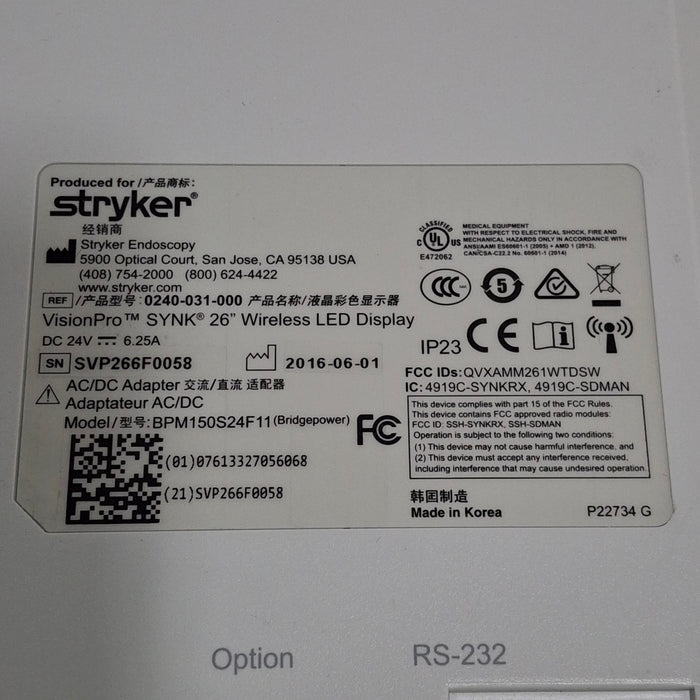 Stryker Stryker VisionPro SYNK 26 Wireless LED Display Rigid Endoscopy reLink Medical